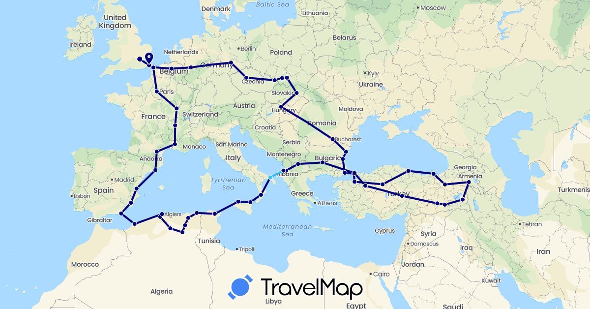 TravelMap itinerary: driving, boat in Albania, Armenia, Belgium, Bulgaria, Czech Republic, Germany, Algeria, Spain, France, United Kingdom, Hungary, Italy, Macedonia, Poland, Romania, Slovakia, Tunisia, Turkey (Africa, Asia, Europe)