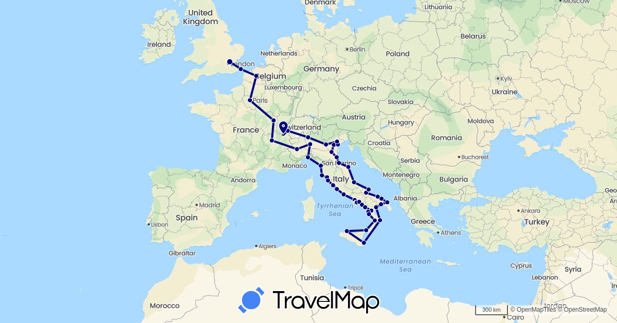 TravelMap itinerary: driving in Switzerland, France, United Kingdom, Italy, San Marino (Europe)